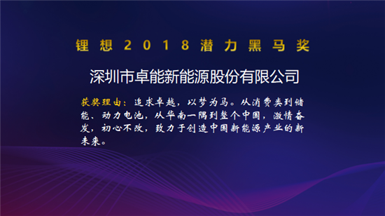 塔菲尔/国能电池/卡耐新能源/卓能新能源荣获“锂想2018潜力黑马奖”